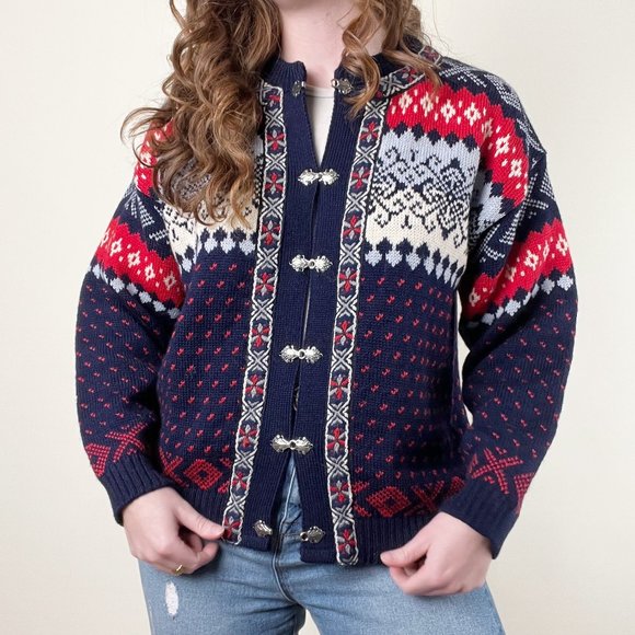 Vintage Norwegian Fair Isle Wool Knit Embroidered Oversized Cardigan Sweater - Picture 1 of 8